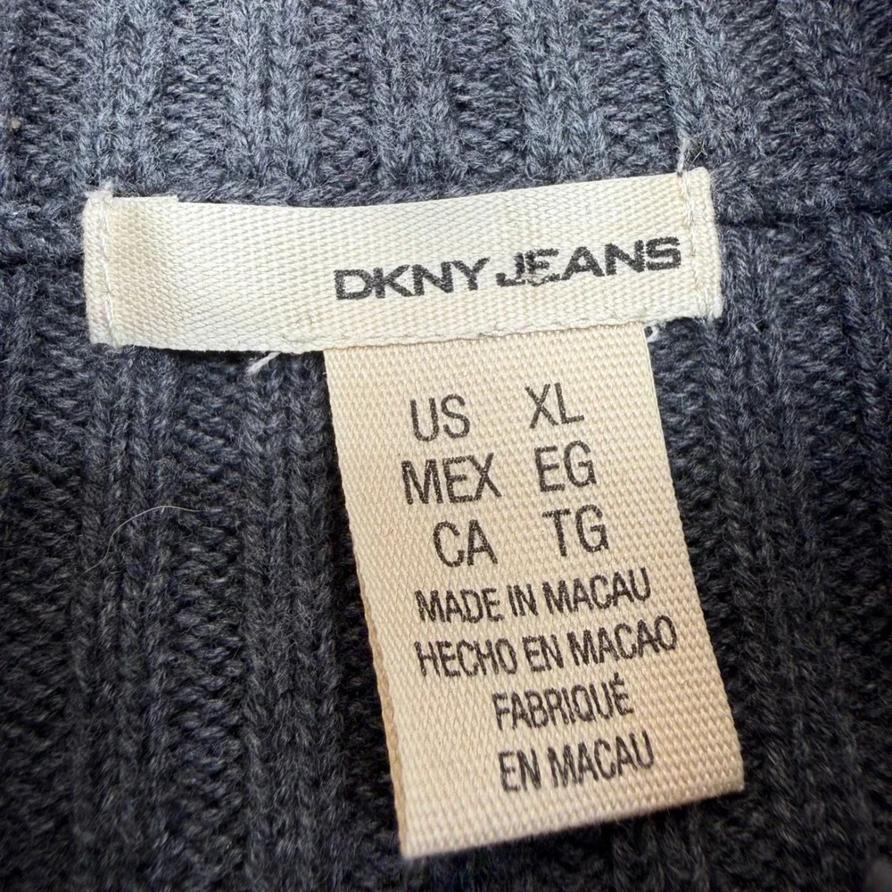Y2K DKNY Jeans Womens XL Gray Ribbed Quarter Zip Pullover Sweater Logo Spellout - Picture 2 of 6